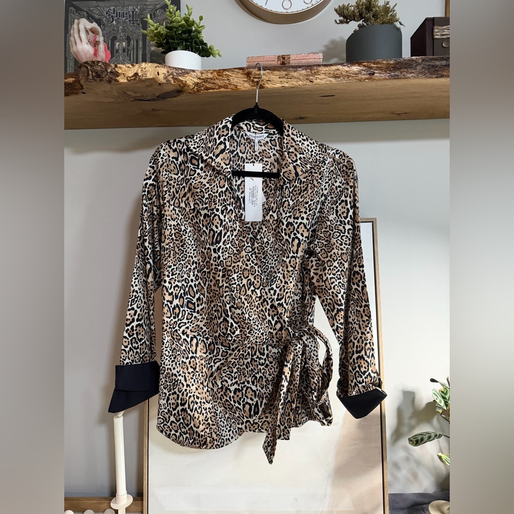 NWT Foxcroft Leopard Print Faux Wrap Blouse with Black Cuffs